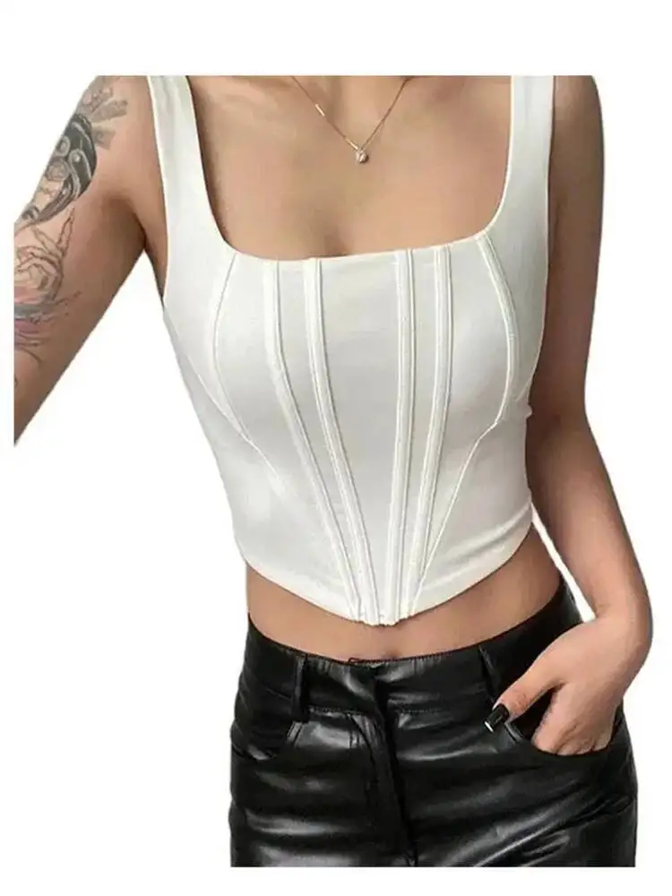 Verão colheita sexy pescoço quadrado apertado sem costas curto topo sem mangas regatas feminino casual cor sólida camisola básica
