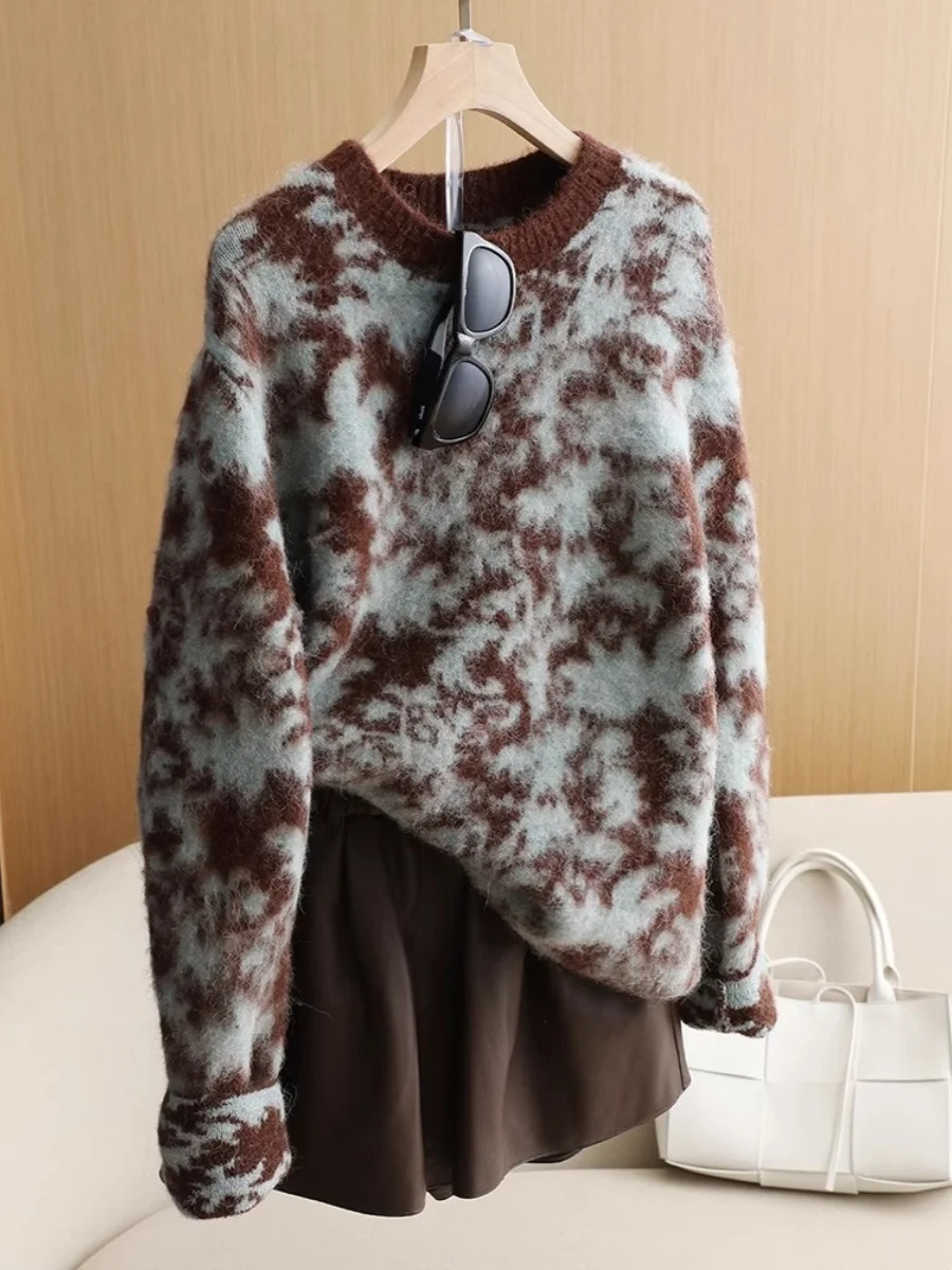 

Французский винтажный двусторонний жаккардовый свитер для женщин, весенне-осенние универсальные пуловеры с длинными рукавами, повседневные вязаные женские топы