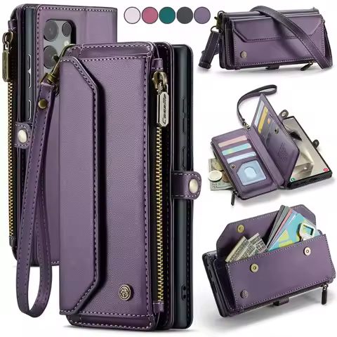 Lanyard Leather Zip Wallet Card Phone Case For Samsung Galaxy Note 20 Ultra 10 Plus S24 S23 S22 S21 S20 FE S10 Crossbody Cover
