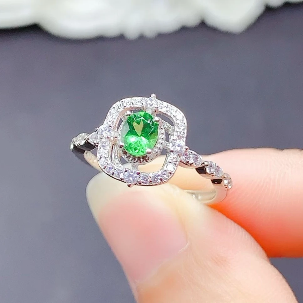 925 Sterling Silver Natural Tsavorite Ring with Certificate 4x5mm Genuine Tsavorite Silver Jewelry Birthday Gift for Women