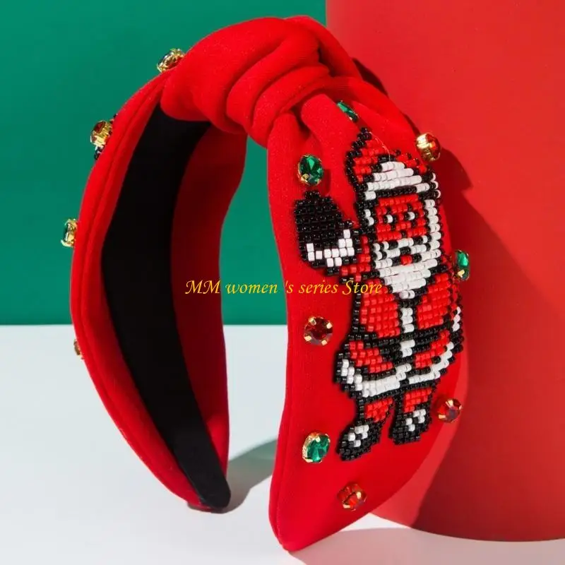 

Q39C Rhinestones Embroidery Hair Hoop Playfulness Santa Headpiece Women Hairband for Festives Occasion