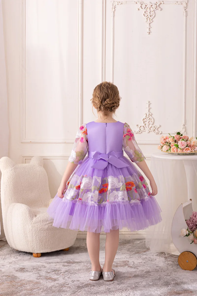 HETISO Girls Embroidered Flower Party Dress Formal Princess Gown for Wedding Birthday Children Ceremony Ages 6-10
