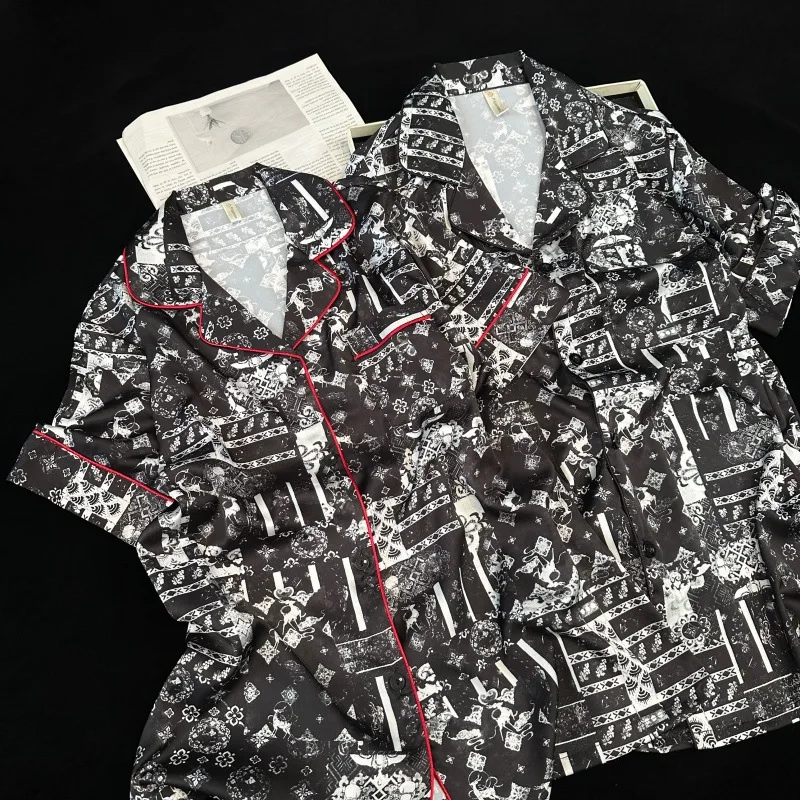 Casual Couple Pajamas Set Print Satin Nightwear Women Sleepwear Loose Nightgown Short Sleeve Shirt Shorts 2Pcs Home Clothes