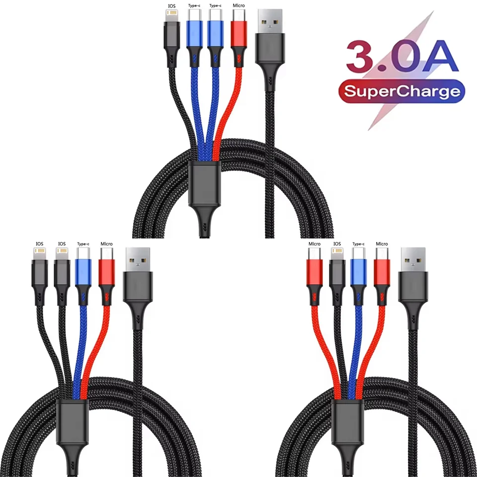 

3-In-1 / 4-In-1 USB Cable Type C Usb Micro For iphone Samsung Multi Port Multiple Charging Wire