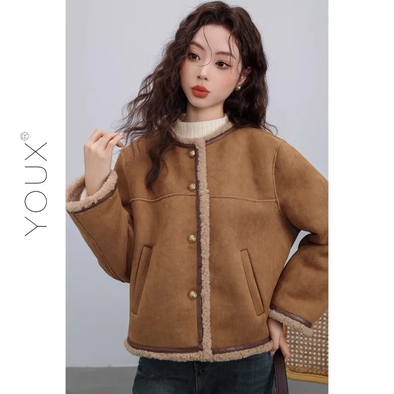 

Fashionable Jacket for Women's New Winter Retro Velvet Thickened Round Neck Cardigan Versatile Warm Top
