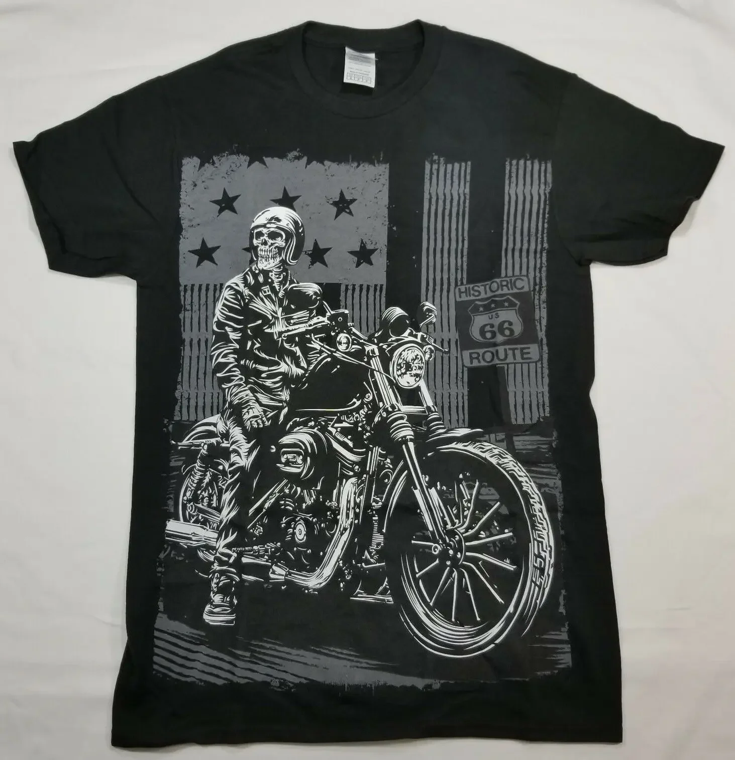 Route 66 American Flag Motorcycle Skull Rider T-Shirt 100% Cotton O-Neck Short Sleeve Casual Mens T-shirt Size S-3XL