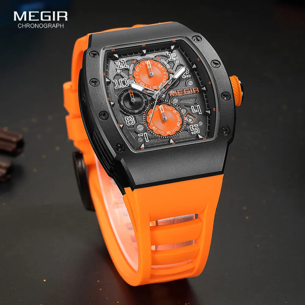 MEGIR Sport Quartz Watch Men Luxury Stainless Steel Waterproof Chronograph Wristwatch with Luminous Hands Date Silicone Strap