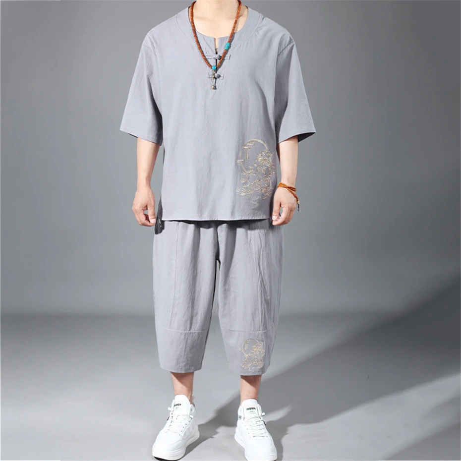 Men's Sets Summer Vintage Embroidery Suits 10XL 11XL Plus Size Summer T-shirt Calf-length Pants Male Big Size Suits