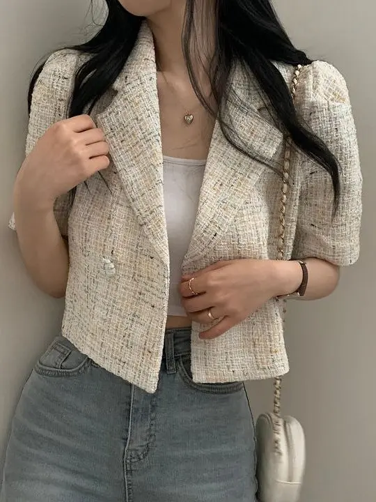 

Chic ort Bubble Sve Woolen Coat Double Breasted Loose Fit Suit Collar Women's Faion Spring Outerwear Straight Cut Sing...