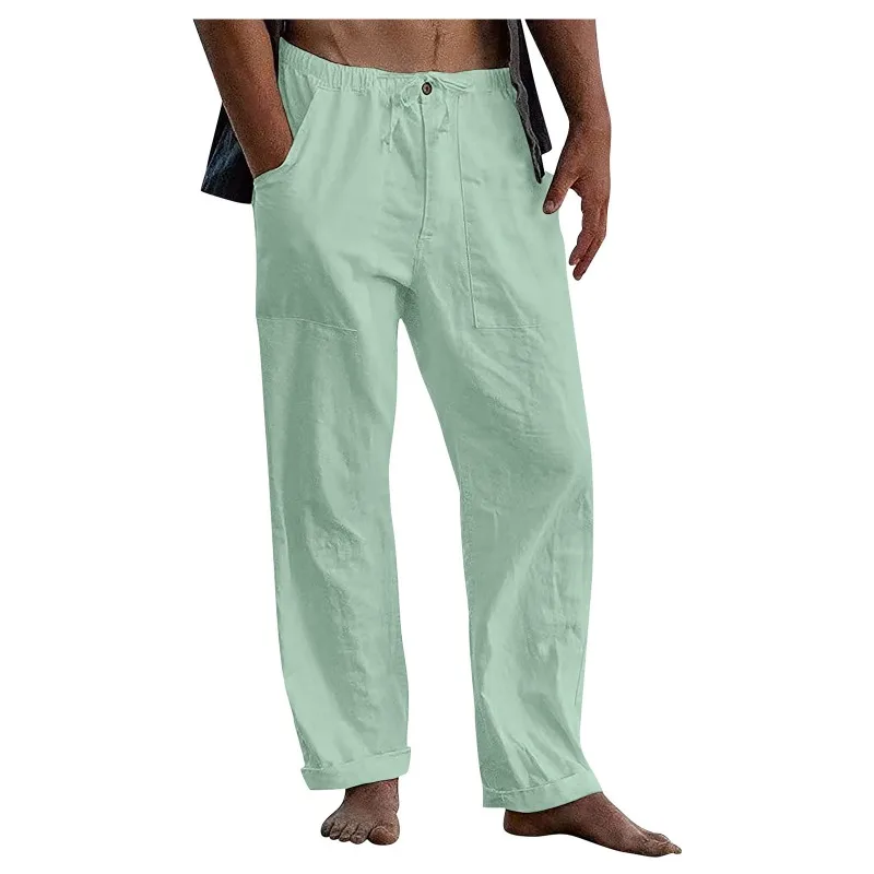 2025 Men's Linen Beach Pants - Elastic Drawstring Waist Casual Deep  Pockets Lightweight Beach Casual Trousers (Summer)