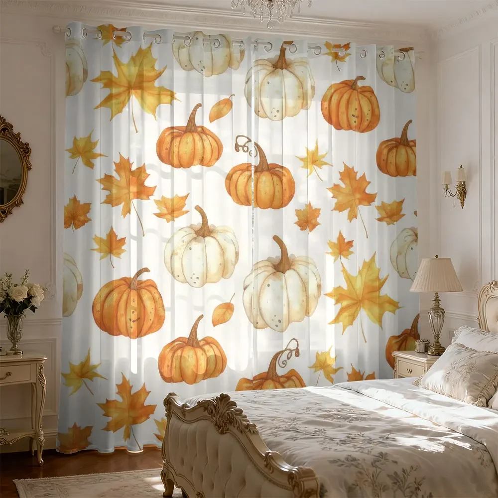 2pc watercolor pumpkin and maple leaf printed curtains, suitable for living rooms and bedrooms stylish home decoration