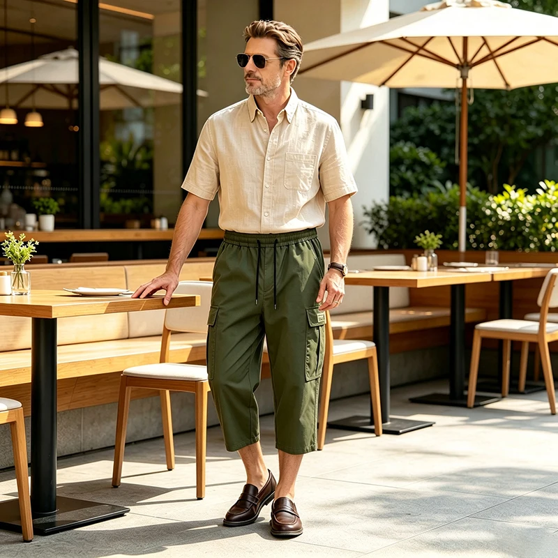 Men New Cargo Capri Pants Loose Fit Elastic Drawstring Waist Multi Pocket Outdoor Walking Holiday Summer Casual 7/8 Trousers view 4