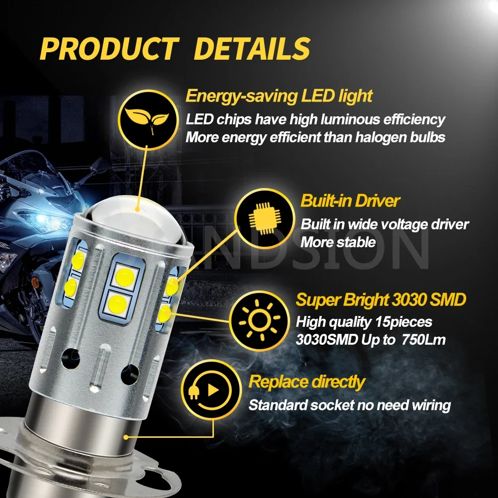 Ruiansion P30D Light Motorcycle Headlight LED Nonpolarity LED Bulb Motorcycle Replacement Headlamp High-Low Beam White 10-80V