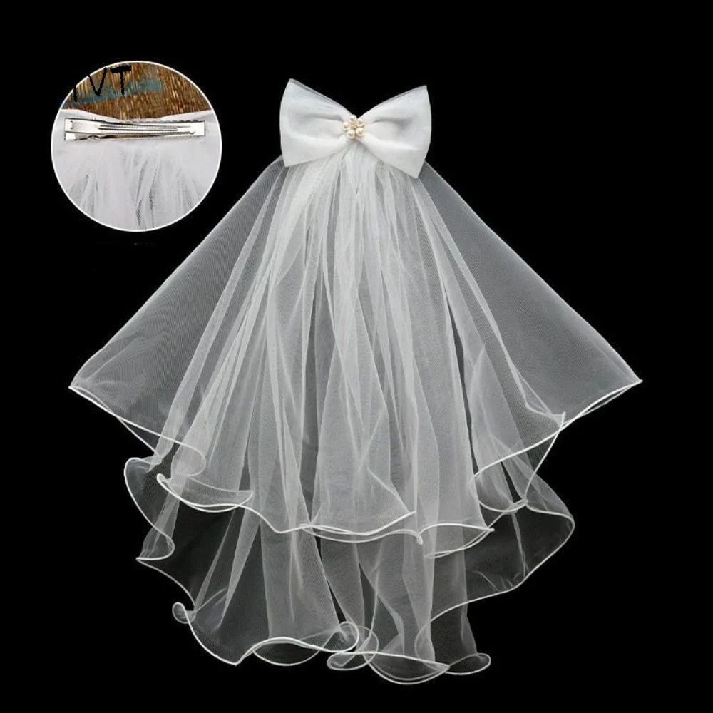 

Sweet Flower Bridal Veil Bow Pearl Marry Veil Double Layer Bridal Headdress Bride Head Gauze Bride Accessories