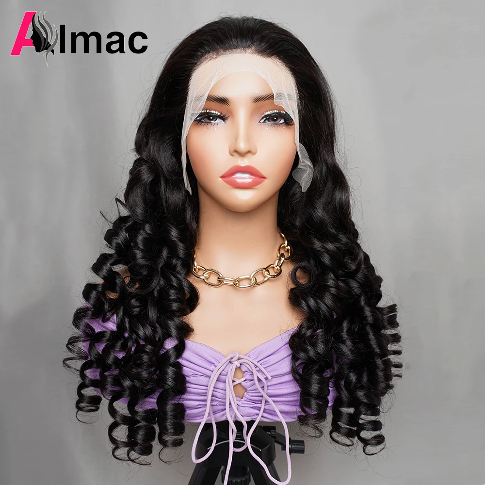 

Loose Wave 13x4 Human Hair Lace Frontal Wig 300% Density Pre Plucked Transparent Lace Bouncy Curly Wavy Wig for Women Almac Hair