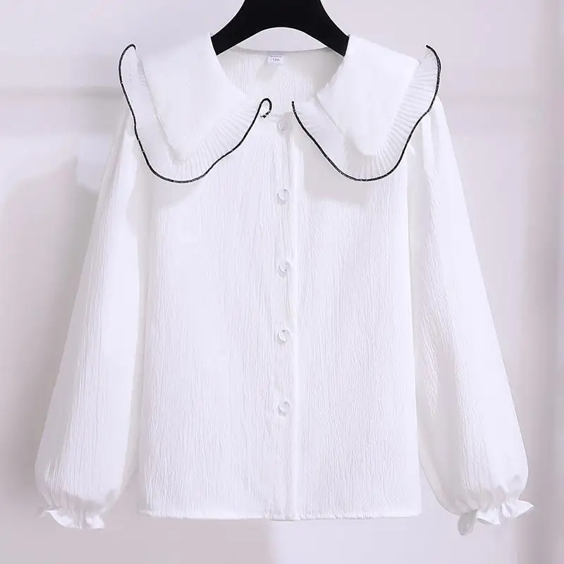 2026 Girls White Peter Pan Collar Long Sleeve Shirt Spring Autumn Kids Elegant Button Top Children Blouse Fashion Clothing