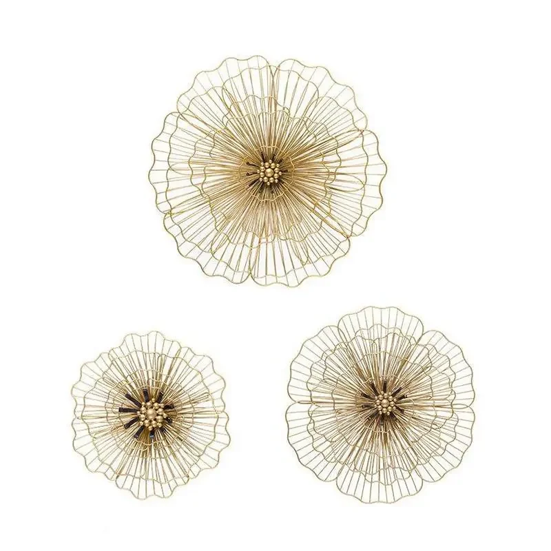 New Chinese three-dimensional wrought iron metal flower gold wall decoration hotel lobby decoration
