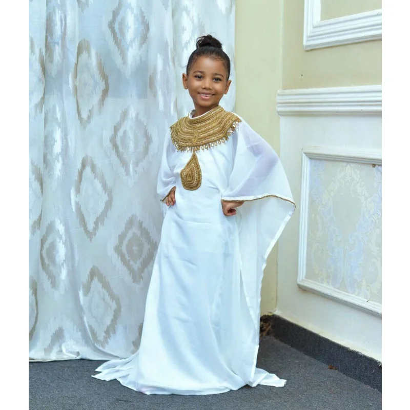 

White Girl Dress Children Abaya Moroccan Long Shirt Children Dubai Children's Clothing European and American Fashion Trends