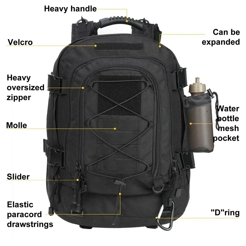 Mochila tática ao ar livre extra grande para homens e mulheres, resistente à água, caminhadas, viagens, mochilas para laptop, 60L