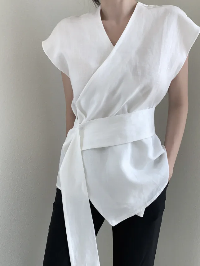 

Slim Fit Vintage ex Button up irt Waist Inward Design Summer New Sle Versatile Slimming Asymmetrical Top