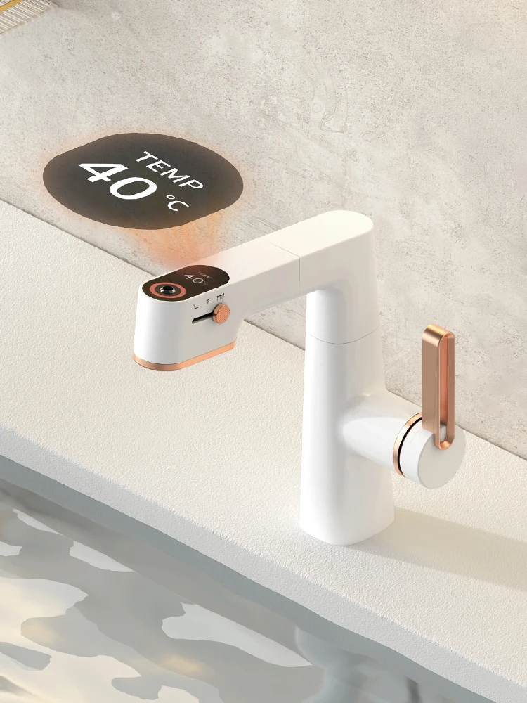 Rose gold white washbasin pull-out digital display hot and cold skin care faucet telescopic lifting rotary shampoo.