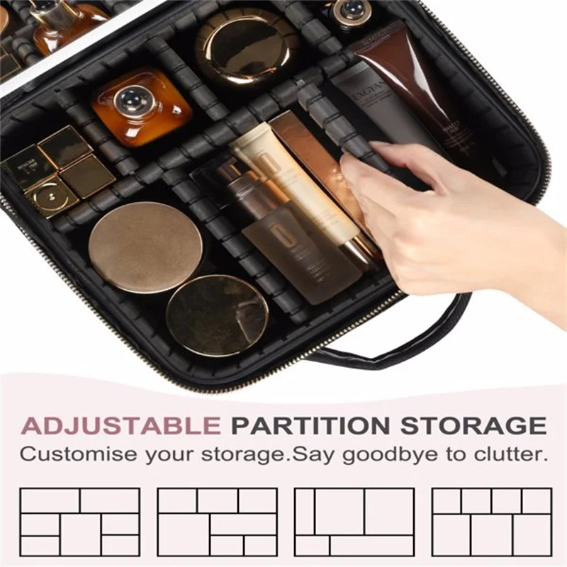 

Travel Makeup Bag With Light Up Mirror, With 2X3X Magnifying Mirror And Adjustable Partitions, Portable Makeup Storage Box With