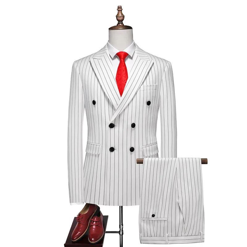 

(Jacket+Pant) New Men Formal Striped Suit Double Slit Dress Set Fashion Simple Gentleman Court Wedding Party Blazer and Trouser