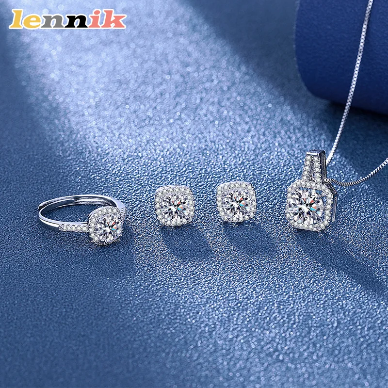 LENNIK Damen-Zirkon-Set, 3-teilig, quadratische Diamant-Schlüsselbeinkette, künstlicher Diamantring mit hohem Kohlenstoffgehalt, minimalistische koreanische Ohrringe