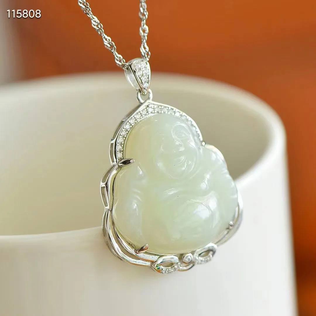 

Natural100%real Sterling Silver necklace mosaic white hetian jade Buddha Bless peace pendant jewellery for woman gifts good luck