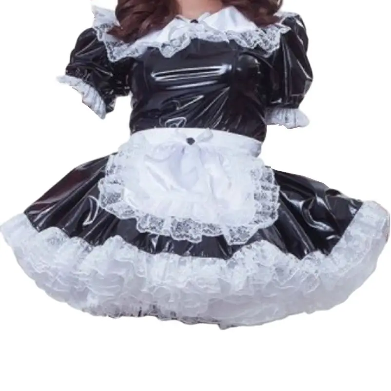 

Adult Giant Baby Sexy Girl Black PVC Dress White Satin Apron Sissy Role Play Makeup Ball Maid Customizable Lockable Multiple Opt