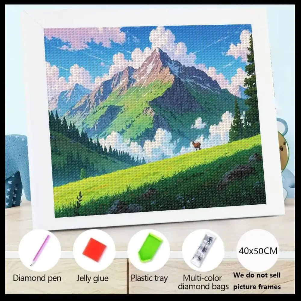 

Алмазная вышивка 5D DIY 40x50 см: Пейзаж (Полуыгольчатые луга, Дикие олени, Вечнозеленый лес, Горный массив, Белые облака)