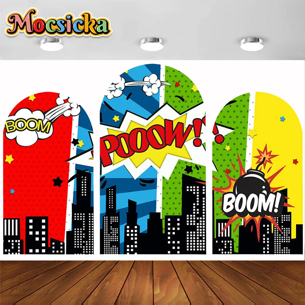 Superhero Birthday Double Sided Arch Cover Background Cartoon Comic City Building Family Shoot Photocall Kid Poster Backdrop