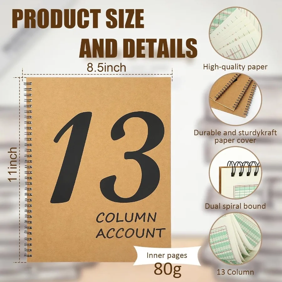 3 Pcs 13 Column Ledger Book 8.5 11 Inch Account Book Notebook with Columnar Pad Featuring Kraft Paper Cover 100 Pages 50 Sheets