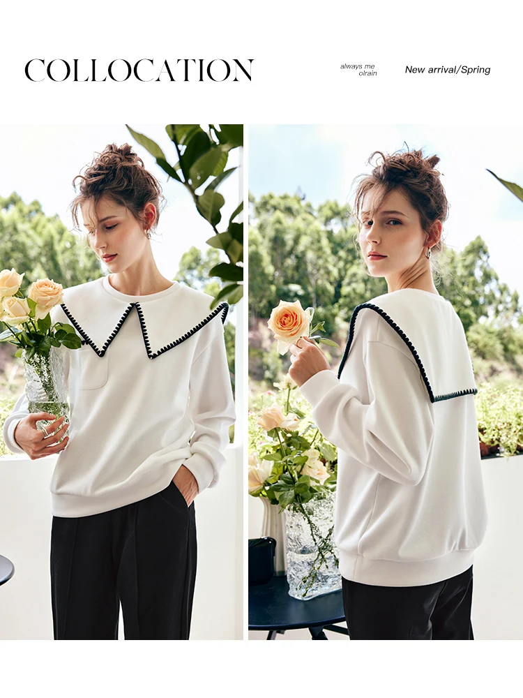 

OLrain French Contrasting Sweatshirt Woman 2025 Women's Autumn Loose Embroidery Pullover Large Lapel Long Sleeve Tops O22QR62683