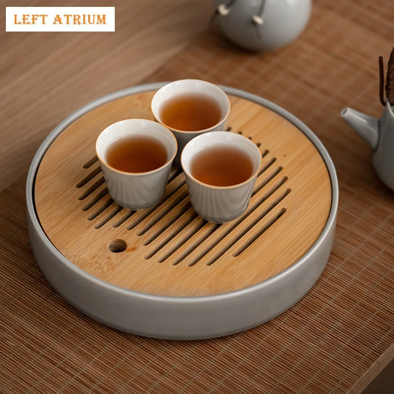

Round Tea Trays Bamboo Chinese Decor Ceramic Teapot Base Living Room Grey Trays Kung Fu Tea Ceremony Set
