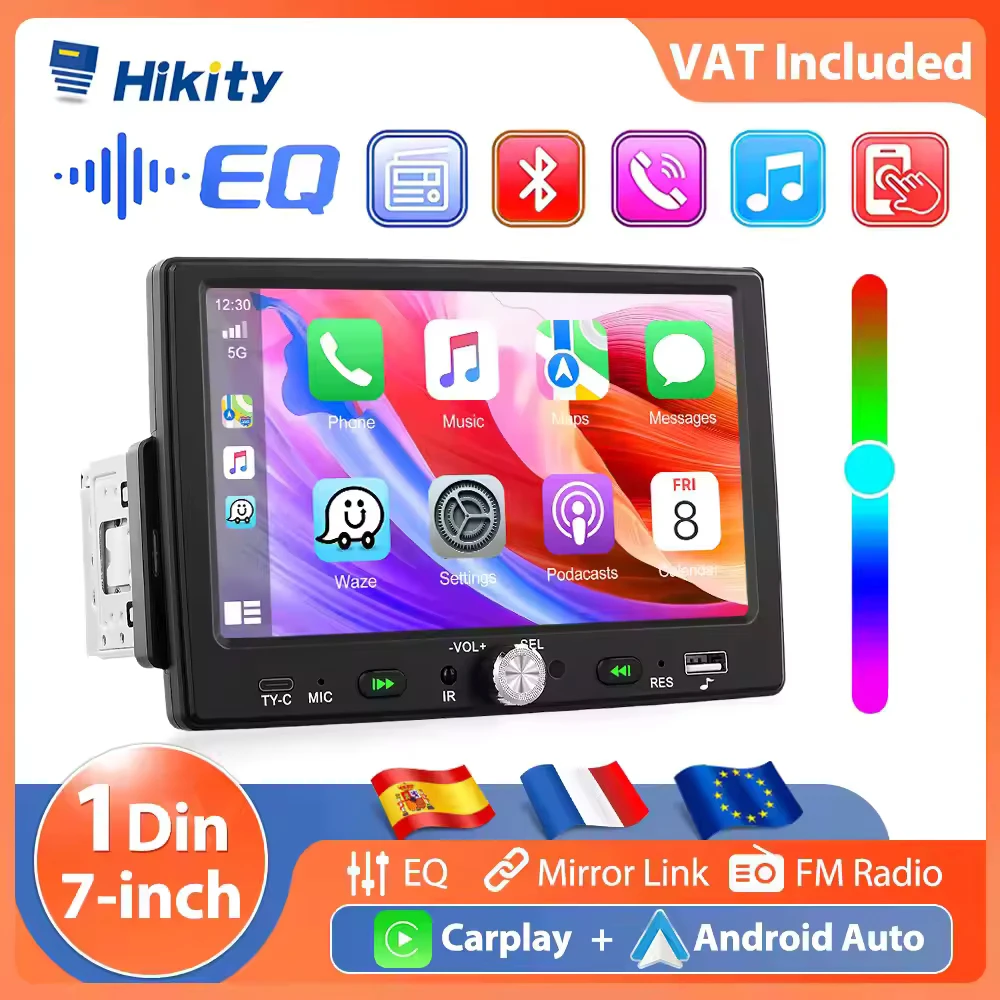Hikity 1DIN 7 pouces, lecteur MP5 universel pour voiture, CarPlay filaire intégré, prise en charge d'Android Auto, BT, FM, EQ, caméra de recul, télécommande