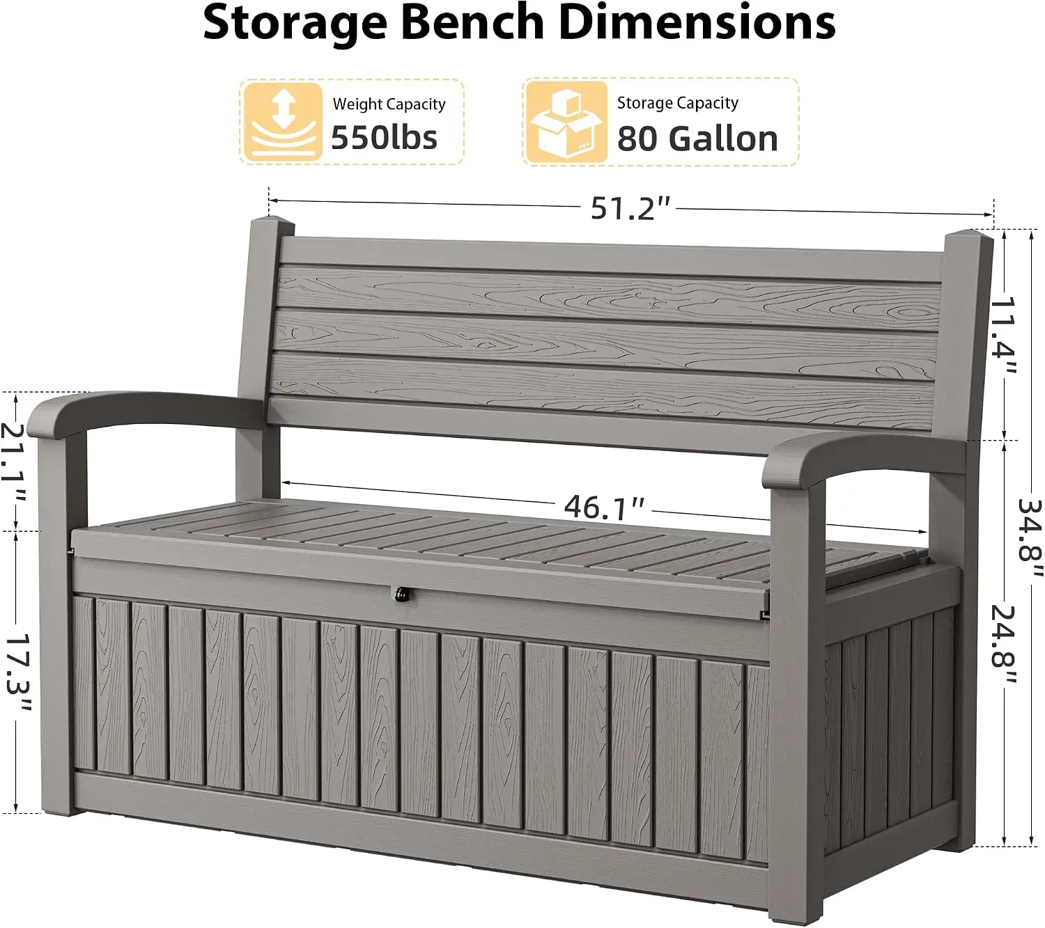 80 Gallon Lockable Deck Bench with Storage, Resin Stripes Outdoor Storage Box for Cushions Garden Tools and Pool Supplies Grey view 2