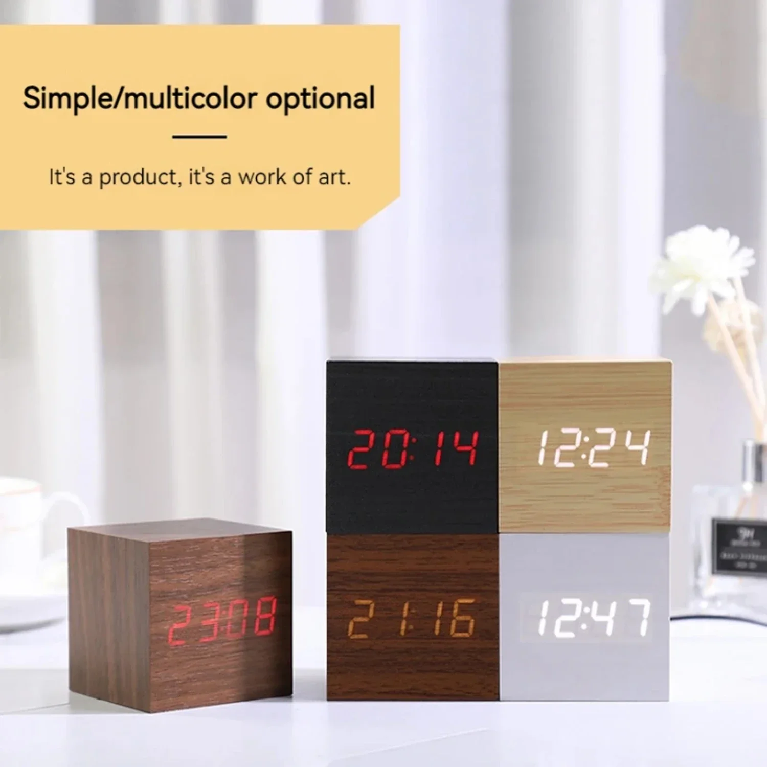 Wooden Contemporary Digital Alarm Clock with Temperature Cube, Stylish Art Ornaments, Unique Decoration Supplies, USB/AAA Powere