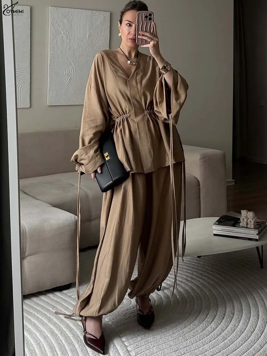 Oymimi Elegant Brown Loose Woman 2 Piece Set Outfit Fashion V-Neck Long Sleeve Lace-Up Button Shirts And High Waist Trousers Set