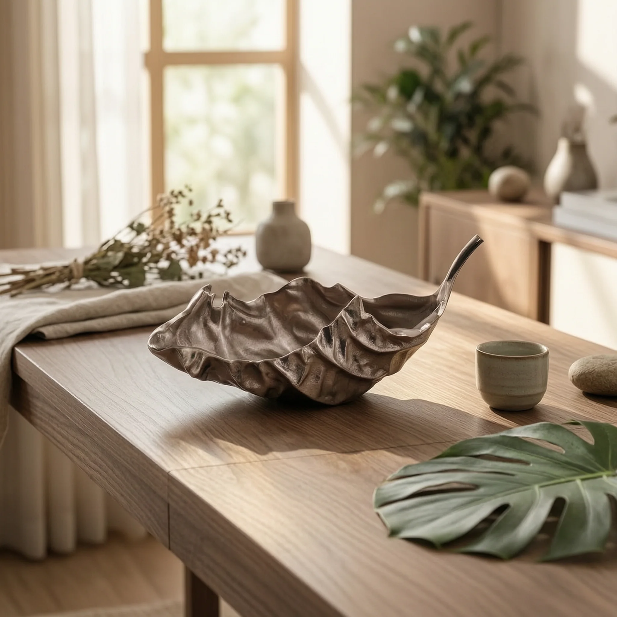 Leaf Tray Hammered Elongated Tray Centerpiece Bowl Metallic-Finish Serving Platter Elegant for Tabletop, Dining Table