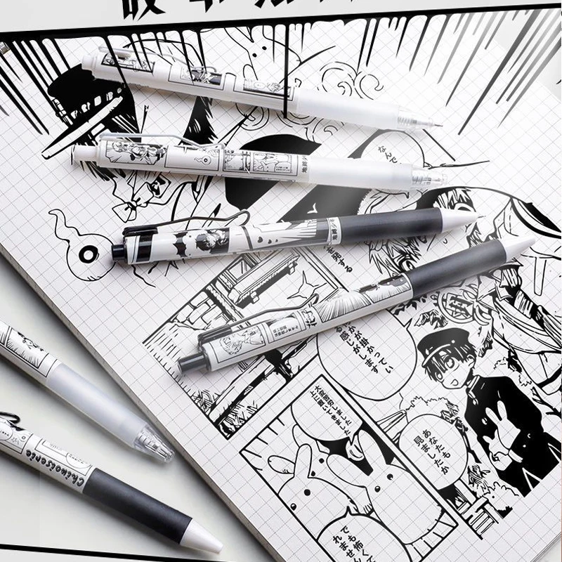 6Pcs/Lot Japanese INS Comic Style Click Gel Pens ST Nib 05mm Black Ink With Replaceable Refills Rubber Grip Writing Tools
