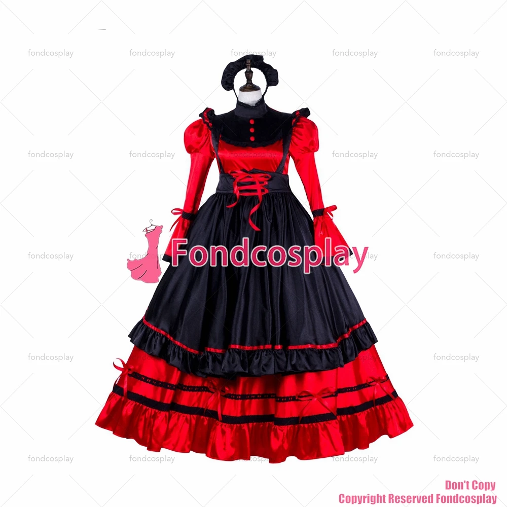 fondcosplay adult sexy cross dressing sissy maid long red satin dress lockable black apron Uniform costume CD/TV[G2301]