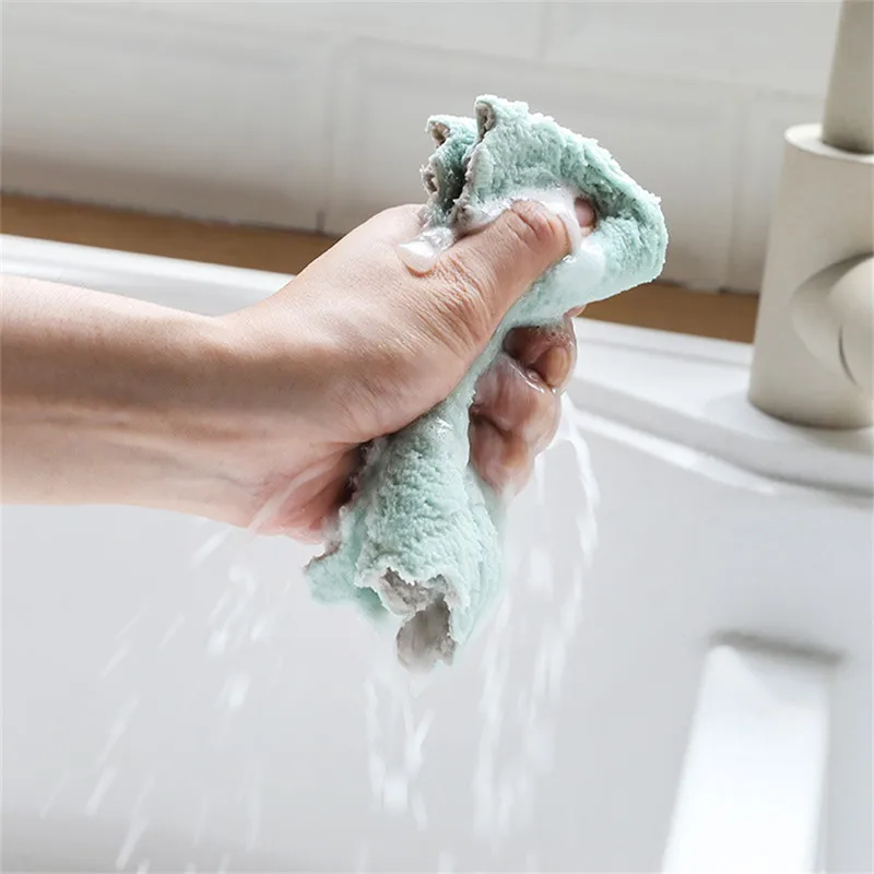 Double-sided Coral Velvet Rag Absorb Water Cleaning Towel Non-stick and Lint-free Kitchen Cleaning Cloth Household Dishcloth