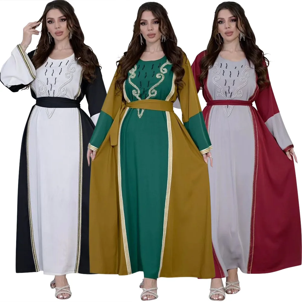 New Dubai Abaya Arabia Muslim Dress Women Lace-up Casual Party Elegance Long Sleeve Daily Dress Kaftan Femme Musulman with Belt