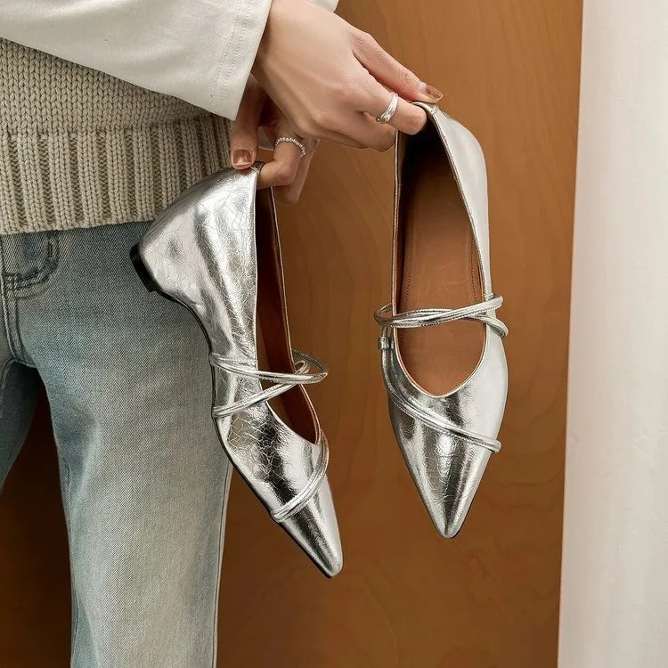 

Silver Pointed-toe Gentle Fashionable2026high-heeled Hidden-height Mary Jane Shoes,elegant Shallow-heel Lightweight Single Shoes