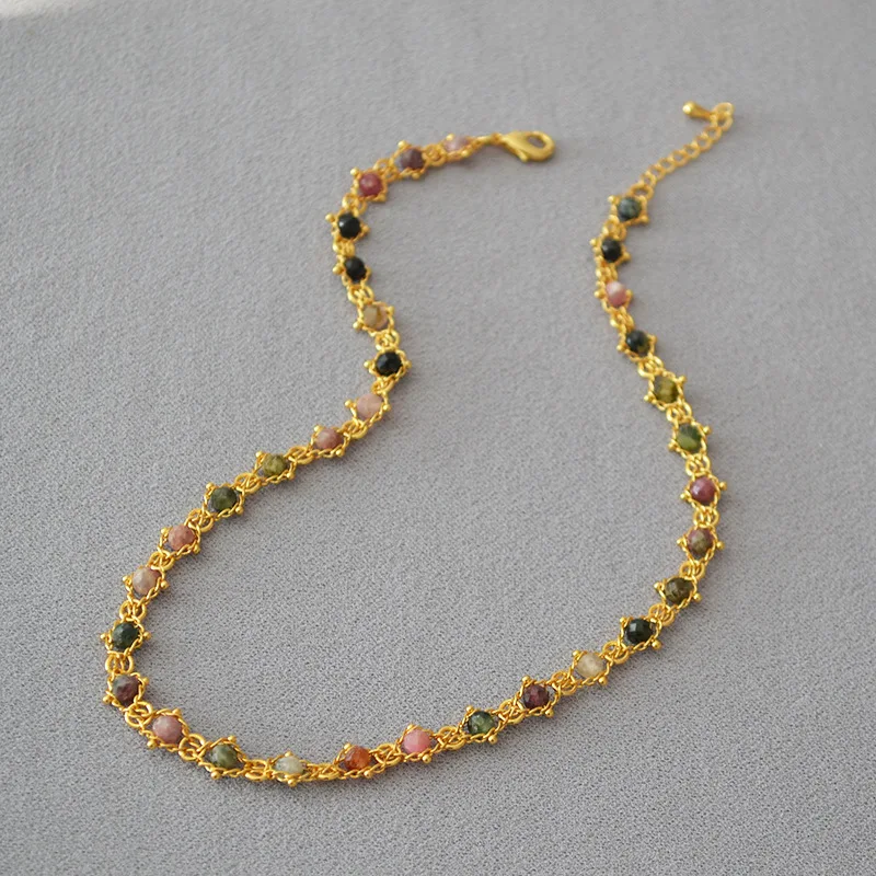 

French vintage colored tourmaline stone beaded chain simple literary necklace summer bracelet jewelry set