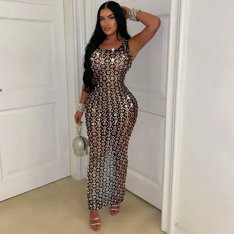 

GUWU Sparkly Rhinestones Diamonds Evening Birthday Sexy Dress Women Luxury Night Party Tank Mesh See Through Prom Long Dresses