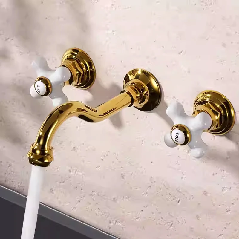 

Wall Mounted Double Handle Basin Faucet Gold Hot and Cold Washbasin Faucet Three Hole Pre Embedded Faucet