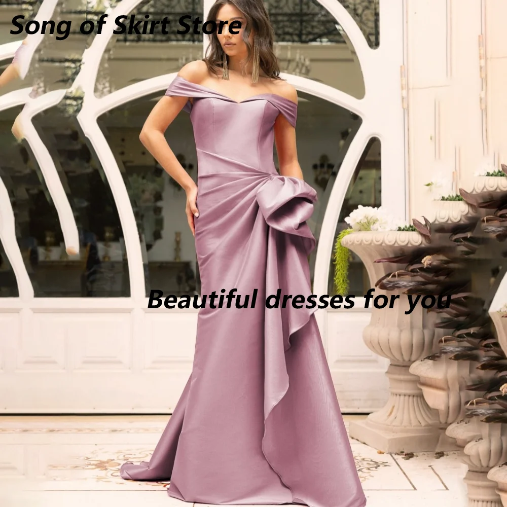 Customized Mauve Satin Fold Off Shoulder Mother Of The Bride Gown Side Split Draped Bow Ruched Mermaid Wedding Guest Gown
