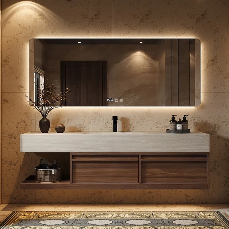 New Chinese walnut bathroom cabinet bone line washbasin cabinet combination toilet washbasin